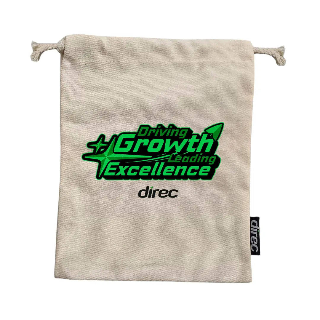 White Small Drawstring Bag – Lightweight Carry Pouch with “Driving Growth, Leading Excellence” Direc Print