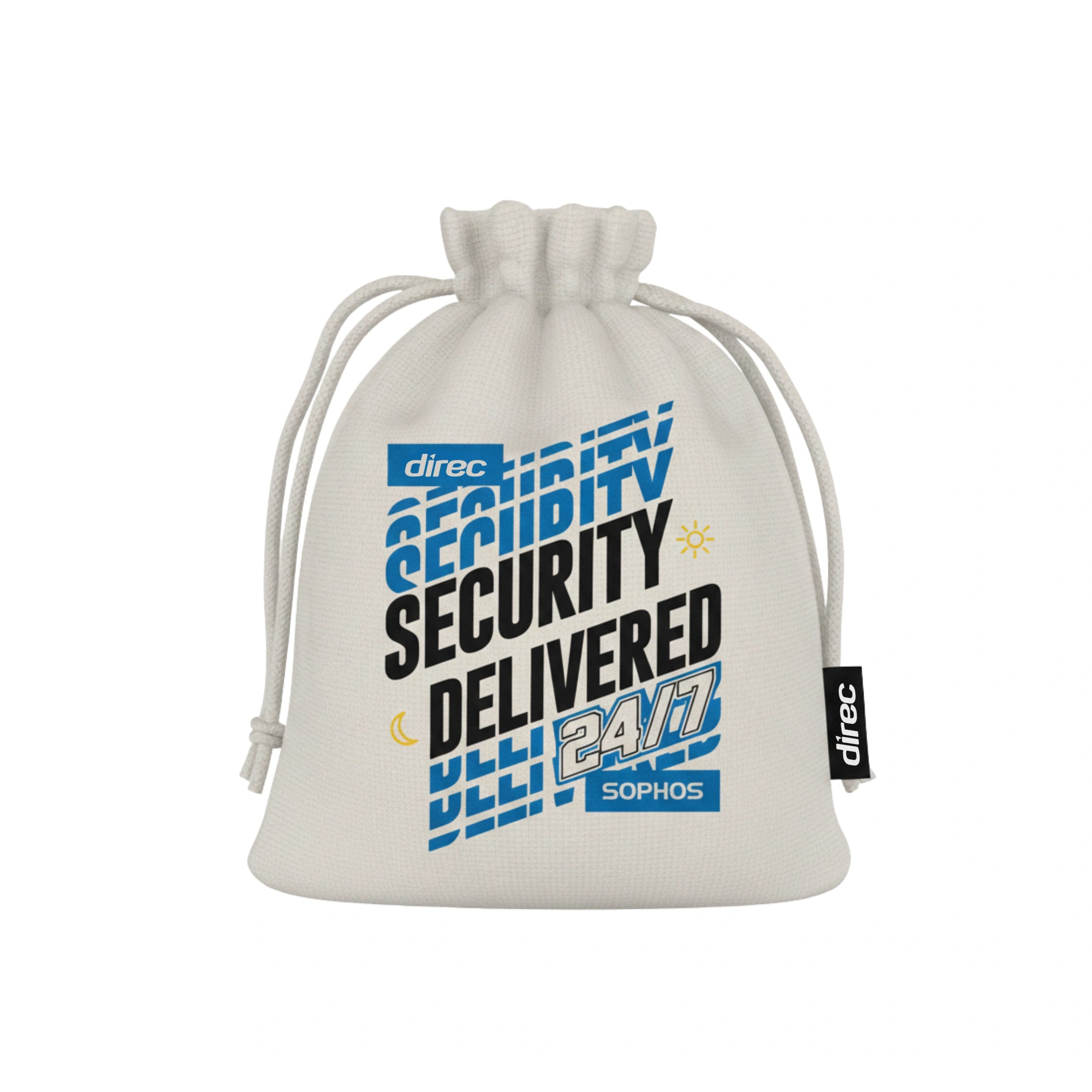 White Small Drawstring Bag – Lightweight Carry Pouch with “Sophos Security Delivered 24/7” Print